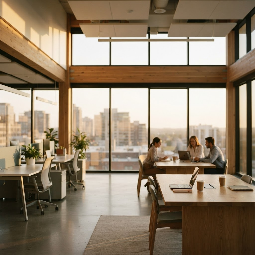 A bright, modern enterprise workspace in warm golden light